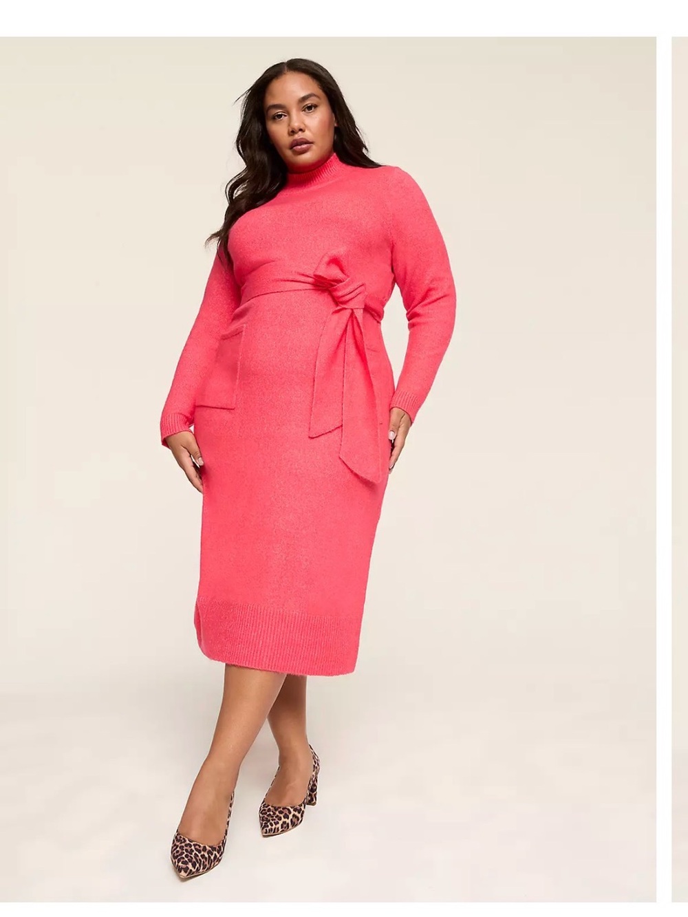 Lane Bryant Coral Pink Turtleneck Tie-Waist Sweater Dress